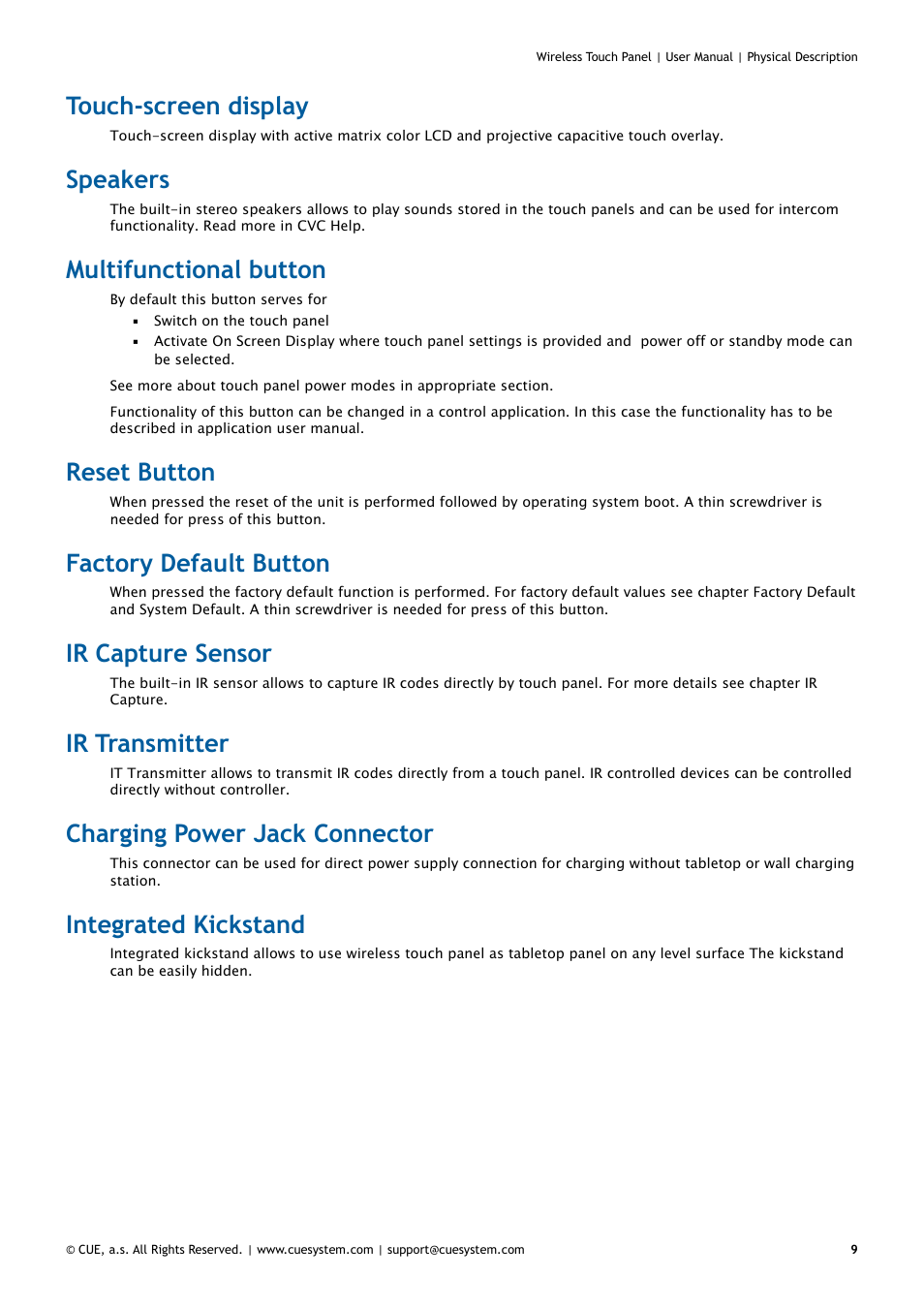 Touch-screen display, Speakers, Multifunctional button | Reset button, Factory default button, Ir capture sensor, Ir transmitter, Charging power jack connector, Integrated kickstand, 9 speakers 9 | CUE Wireless Touch Panel User Manual | Page 9 / 34