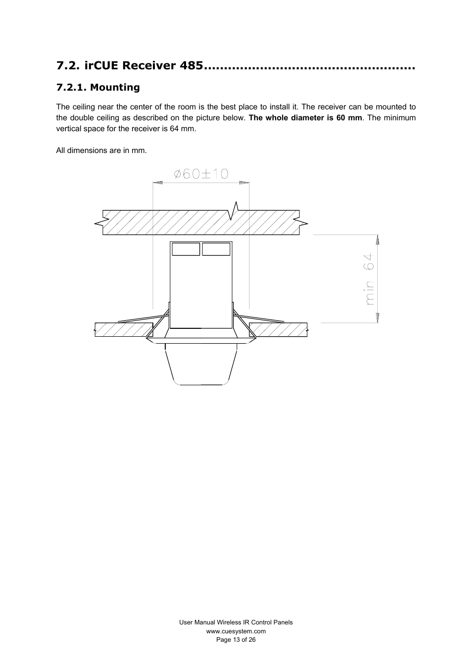 Ircue receiver 485, Mounting | CUE Wireless IR Control Panels User Manual | Page 13 / 26