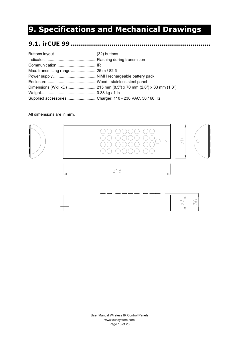 Specifications and mechanical drawings, Ircue 99 | CUE Wireless IR Control Panels User Manual | Page 18 / 26