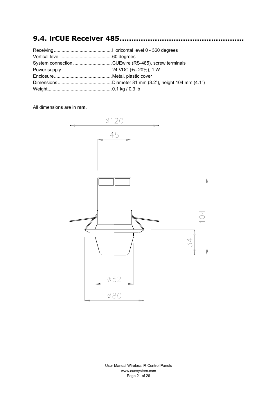 Ircue receiver 485 | CUE Wireless IR Control Panels User Manual | Page 21 / 26
