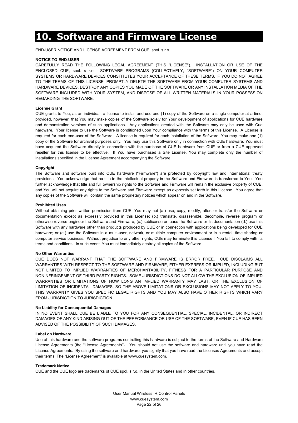 Software and firmware license | CUE Wireless IR Control Panels User Manual | Page 22 / 26