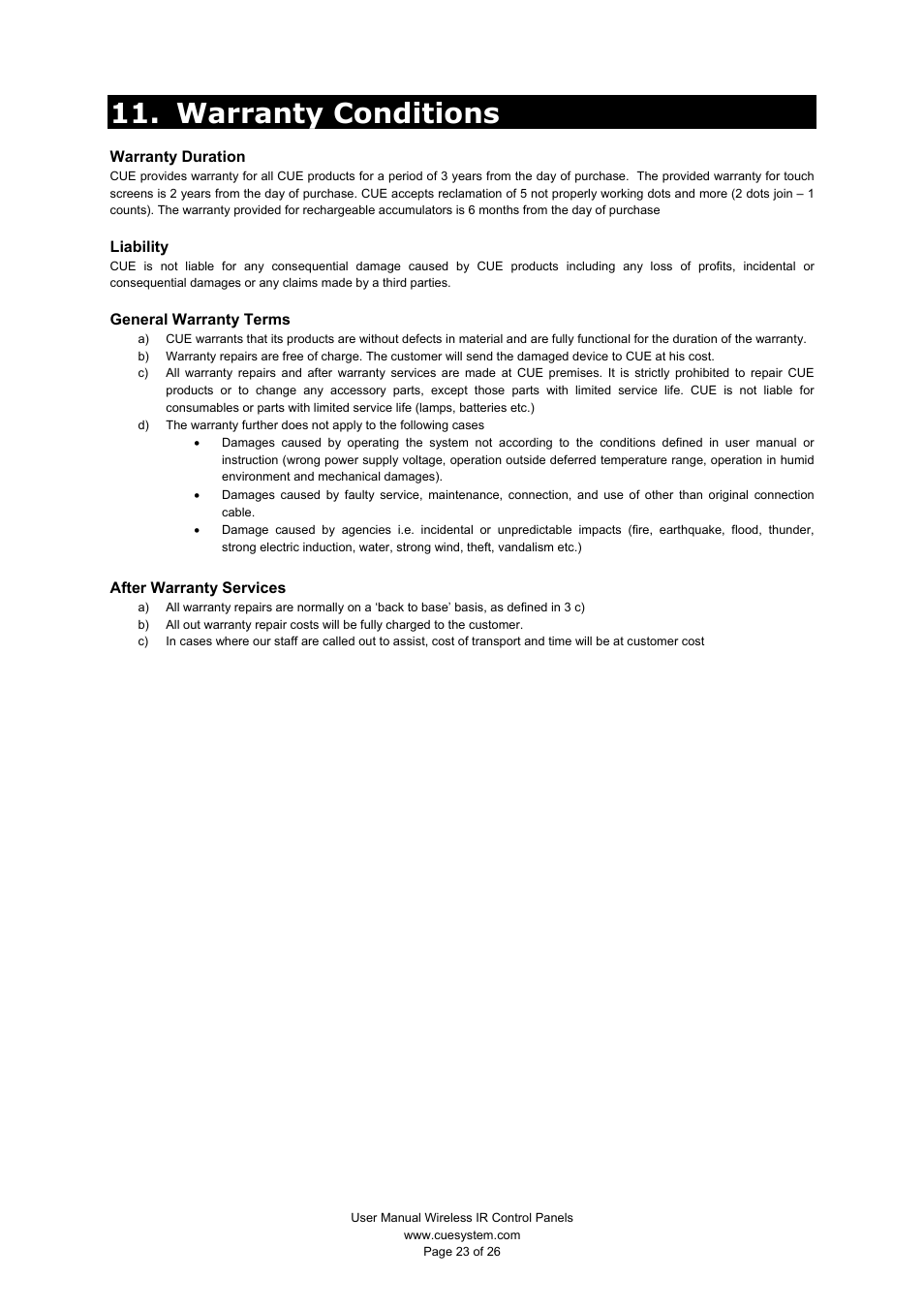 Warranty conditions | CUE Wireless IR Control Panels User Manual | Page 23 / 26