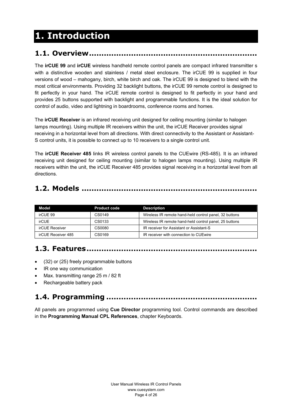 Introduction, Overview, Models | Features, Programming | CUE Wireless IR Control Panels User Manual | Page 4 / 26