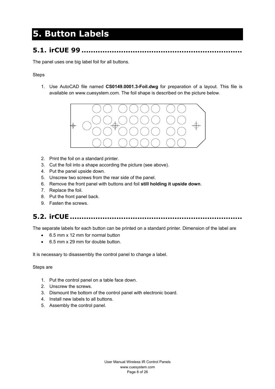 Button labels, Ircue 99, Ircue | CUE Wireless IR Control Panels User Manual | Page 8 / 26