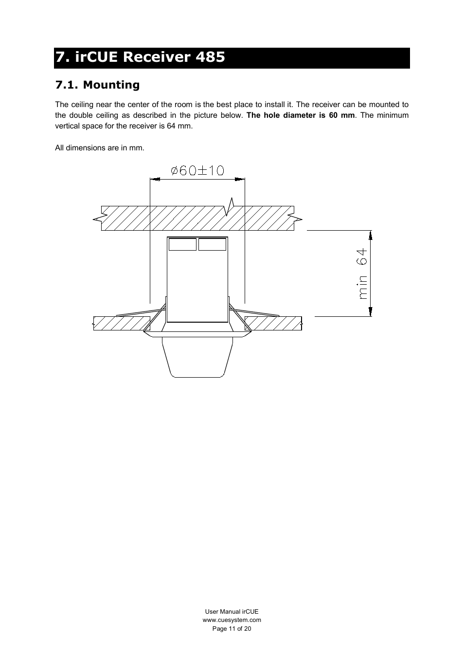 Ircue receiver 485, Mounting | CUE irCUE User Manual | Page 11 / 20