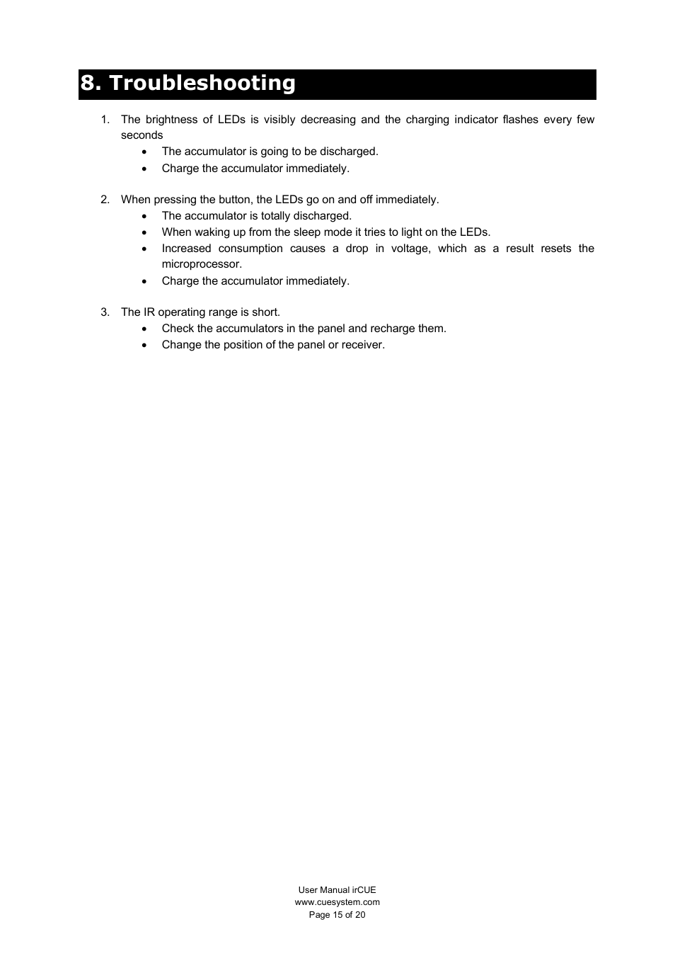 Troubleshooting | CUE irCUE User Manual | Page 15 / 20