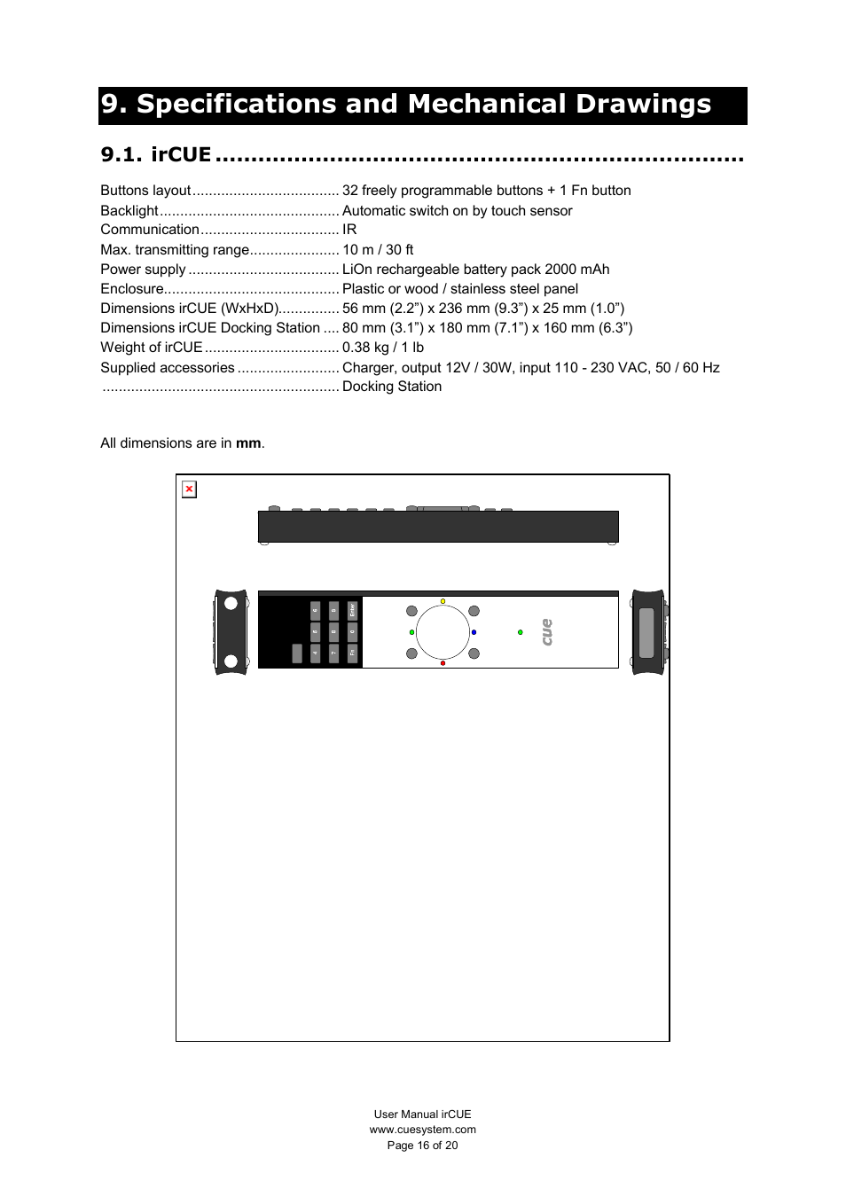 Specifications and mechanical drawings, Ircue | CUE irCUE User Manual | Page 16 / 20