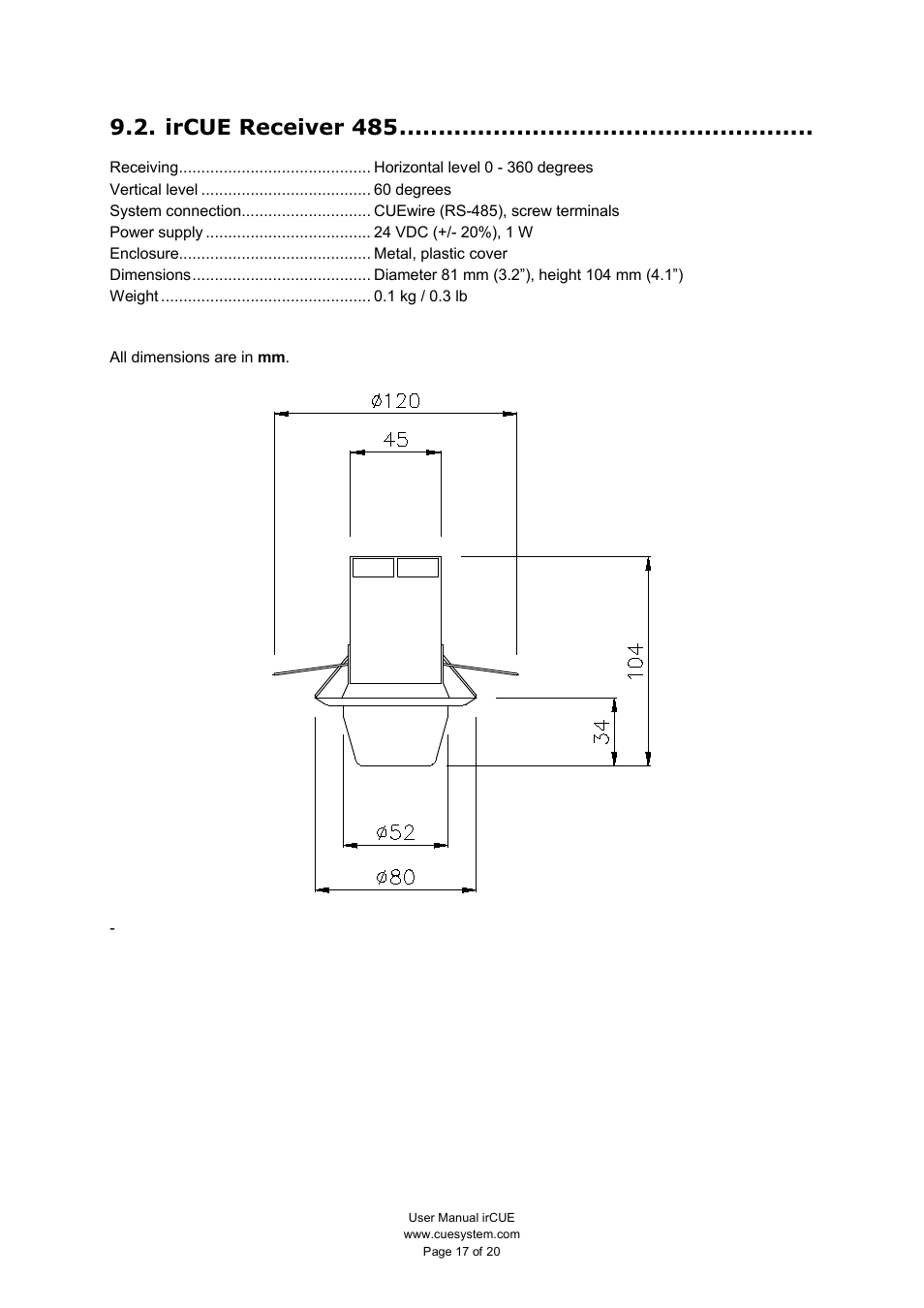 Ircue receiver 485 | CUE irCUE User Manual | Page 17 / 20