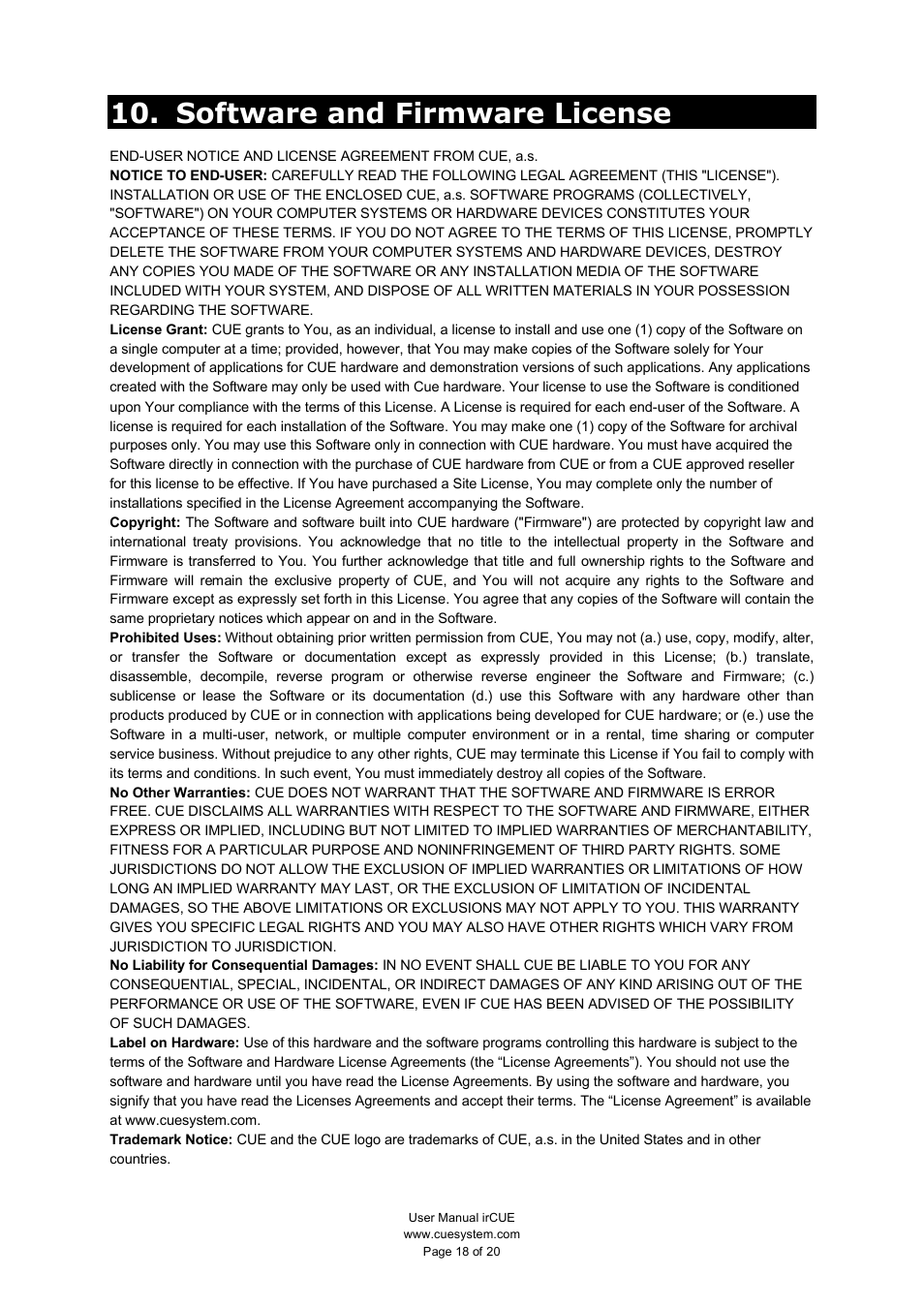 Software and firmware license | CUE irCUE User Manual | Page 18 / 20