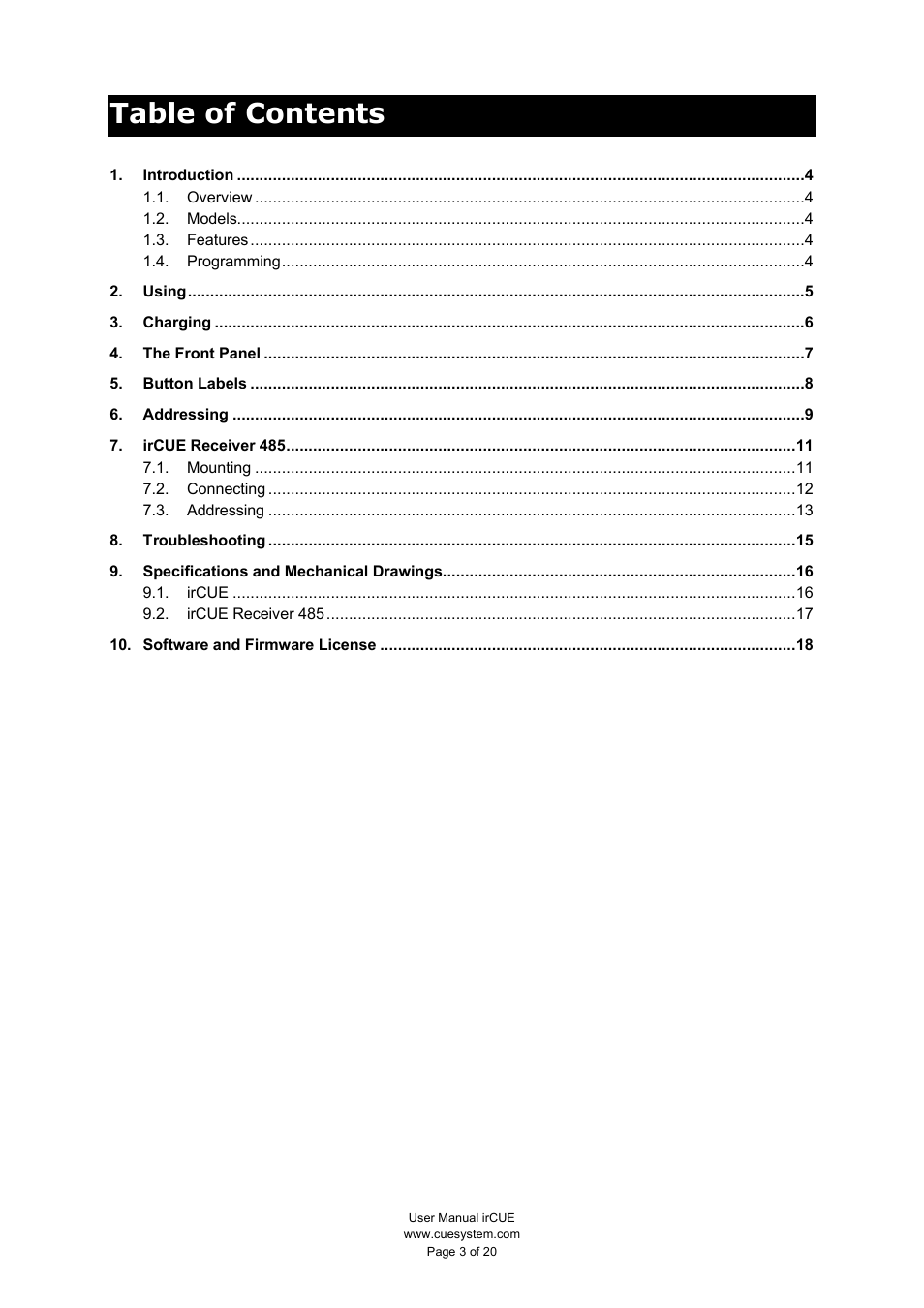 CUE irCUE User Manual | Page 3 / 20