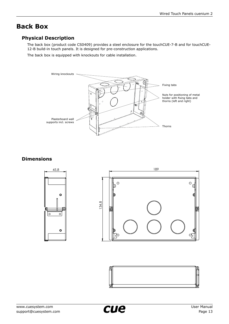 Back box, 13 back box, Physical description | Dimensions, Podomítková krabice | CUE cuenium2 User Manual | Page 13 / 42