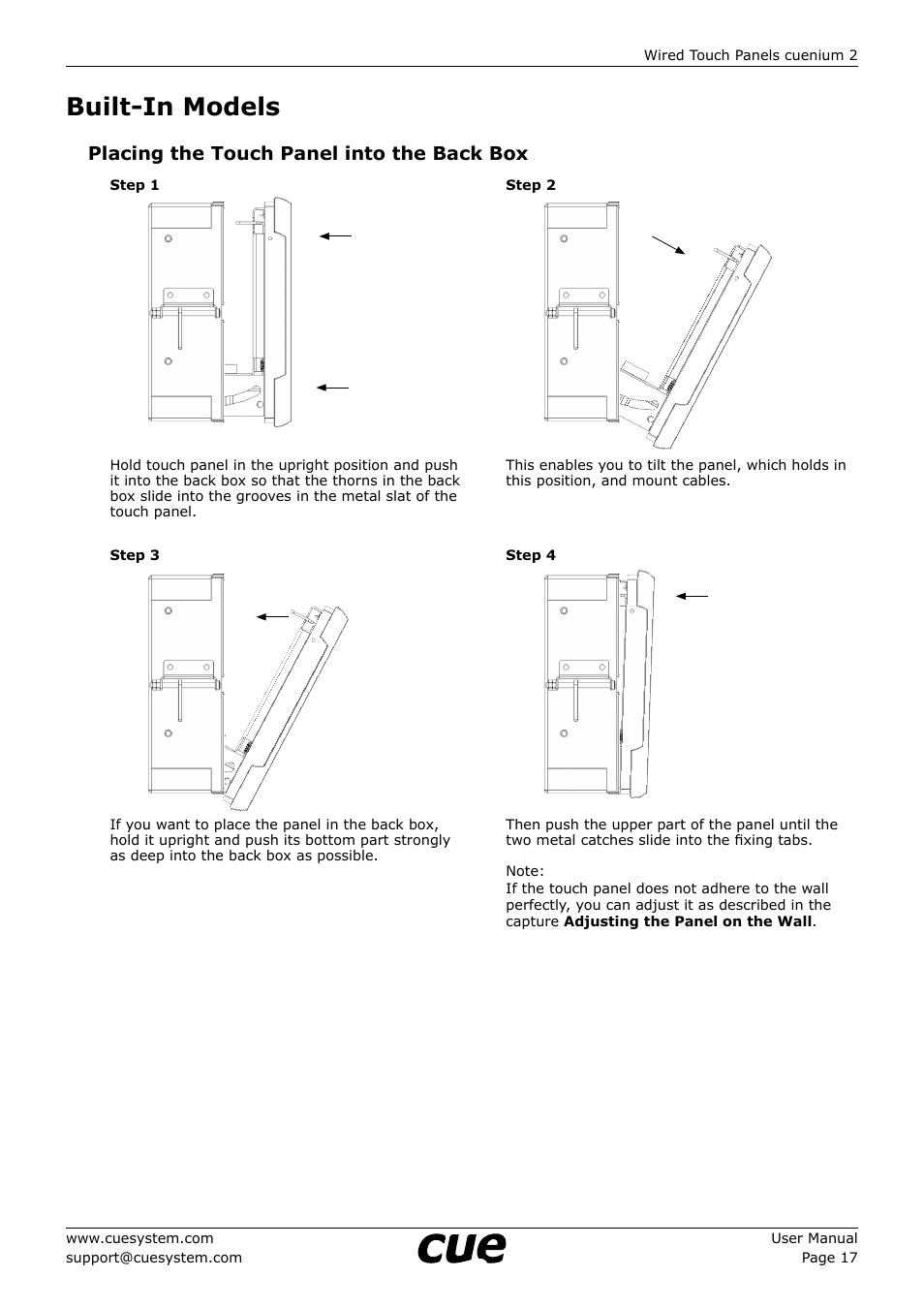 Built-in models, 17 built-in models, Placing the touch panel into the back box | CUE cuenium2 User Manual | Page 17 / 42