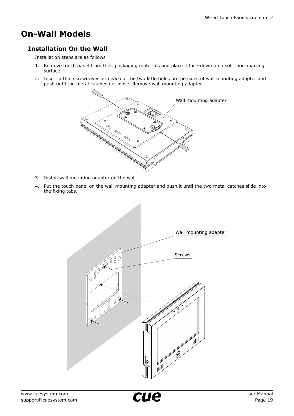 On-wall models, 19 on-wall models, Installation on the wall | CUE cuenium2 User Manual | Page 19 / 42