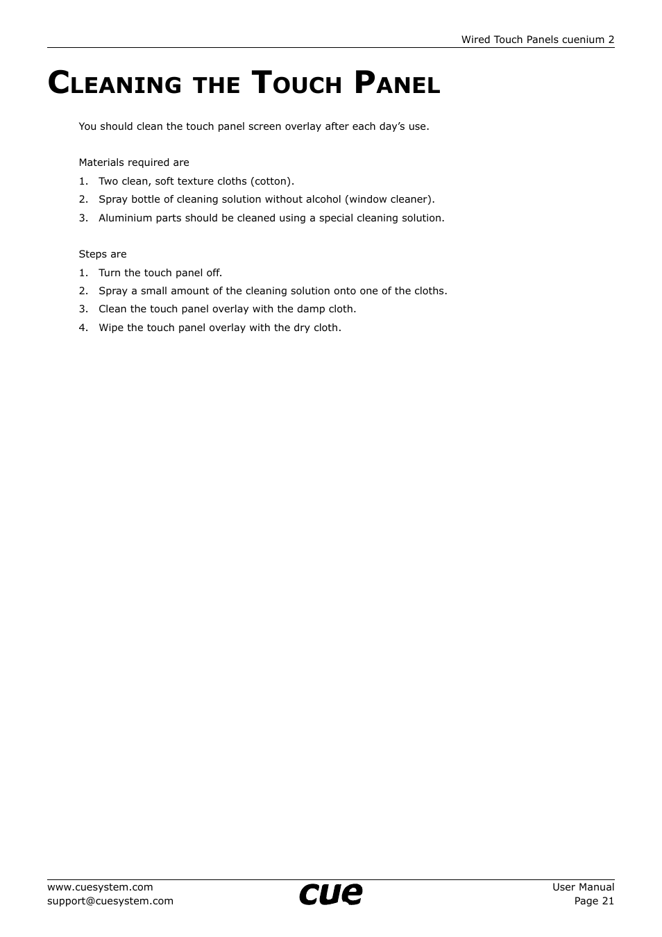 Cleaning the touch panel, 21 c, Leaning | Ouch, Anel | CUE cuenium2 User Manual | Page 21 / 42