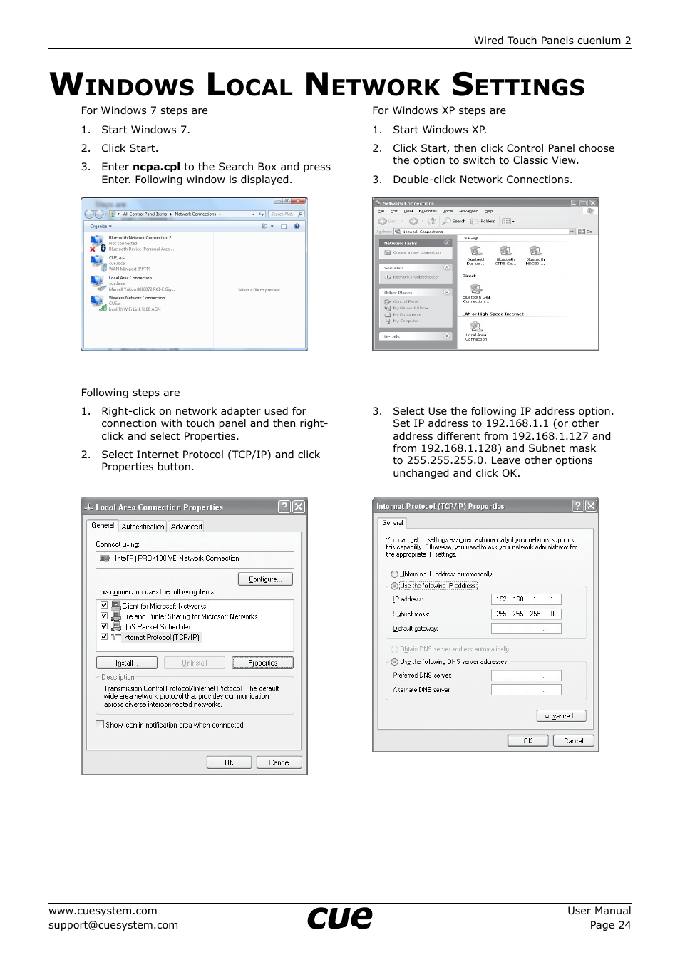 Windows local network settings, 24 w, Indows | Ocal, Etwork, Ettings | CUE cuenium2 User Manual | Page 24 / 42