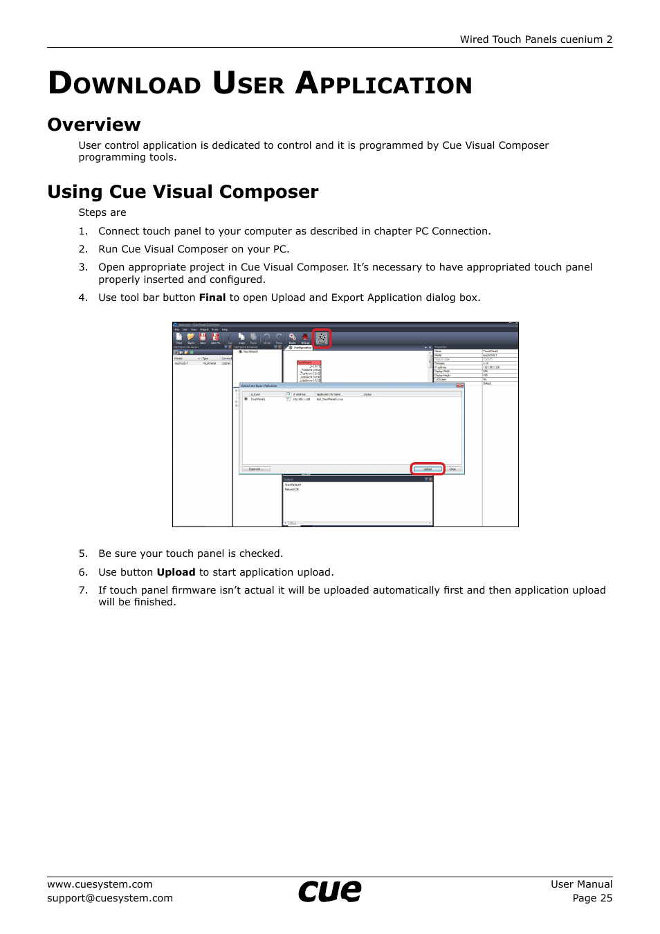 Download user application, Overview, Using cue visual composer | 25 d, Ownload, Pplication, 25 overview 25 using cue visual composer | CUE cuenium2 User Manual | Page 25 / 42