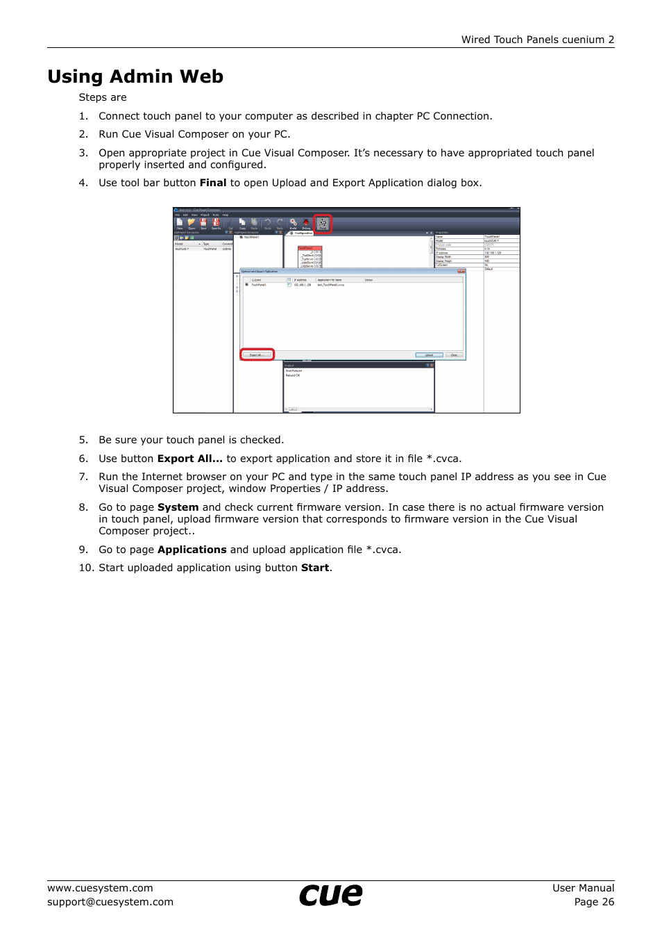 Using admin web, 26 using admin web | CUE cuenium2 User Manual | Page 26 / 42