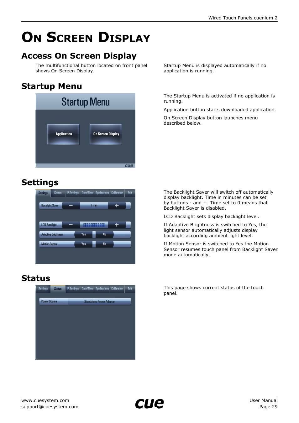 On screen display, Access on screen display, Startup menu | Settings, Status, 29 o, Creen, Isplay | CUE cuenium2 User Manual | Page 29 / 42