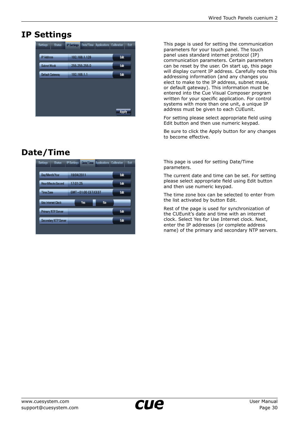 Ip settings, Date/time, 30 ip settings 30 date/time | CUE cuenium2 User Manual | Page 30 / 42