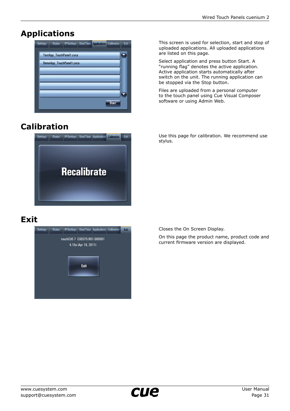 Applications, Calibration, Exit | 31 applications 31 calibration 31 exit | CUE cuenium2 User Manual | Page 31 / 42