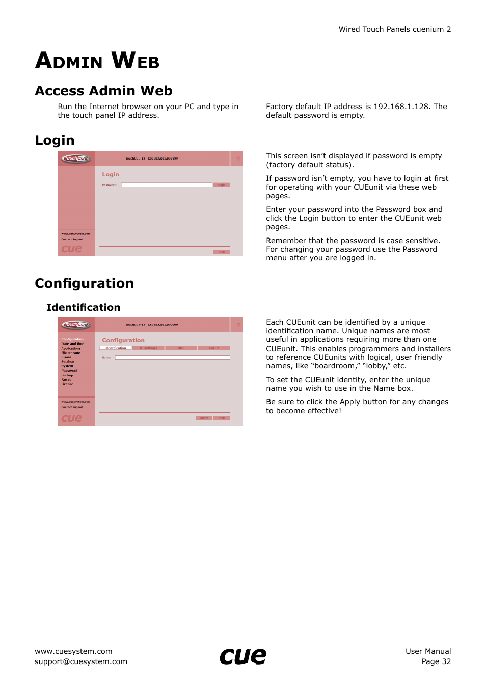 Admin web, Access admin web, Login | Configuration, 32 a, Dmin, 32 access admin web 32 login 32 configuration | CUE cuenium2 User Manual | Page 32 / 42