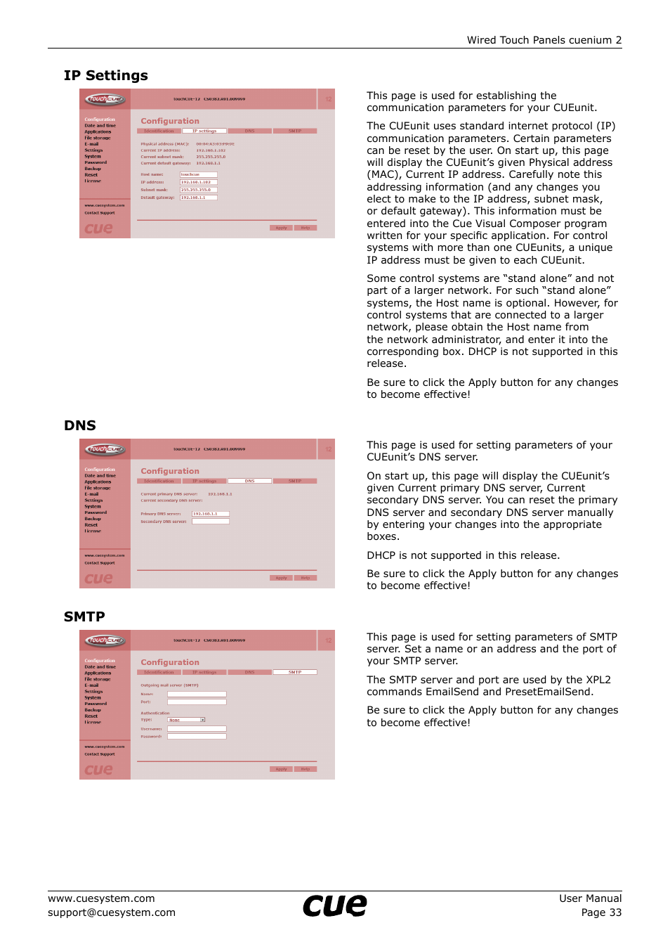 Ip settings, Smtp | CUE cuenium2 User Manual | Page 33 / 42