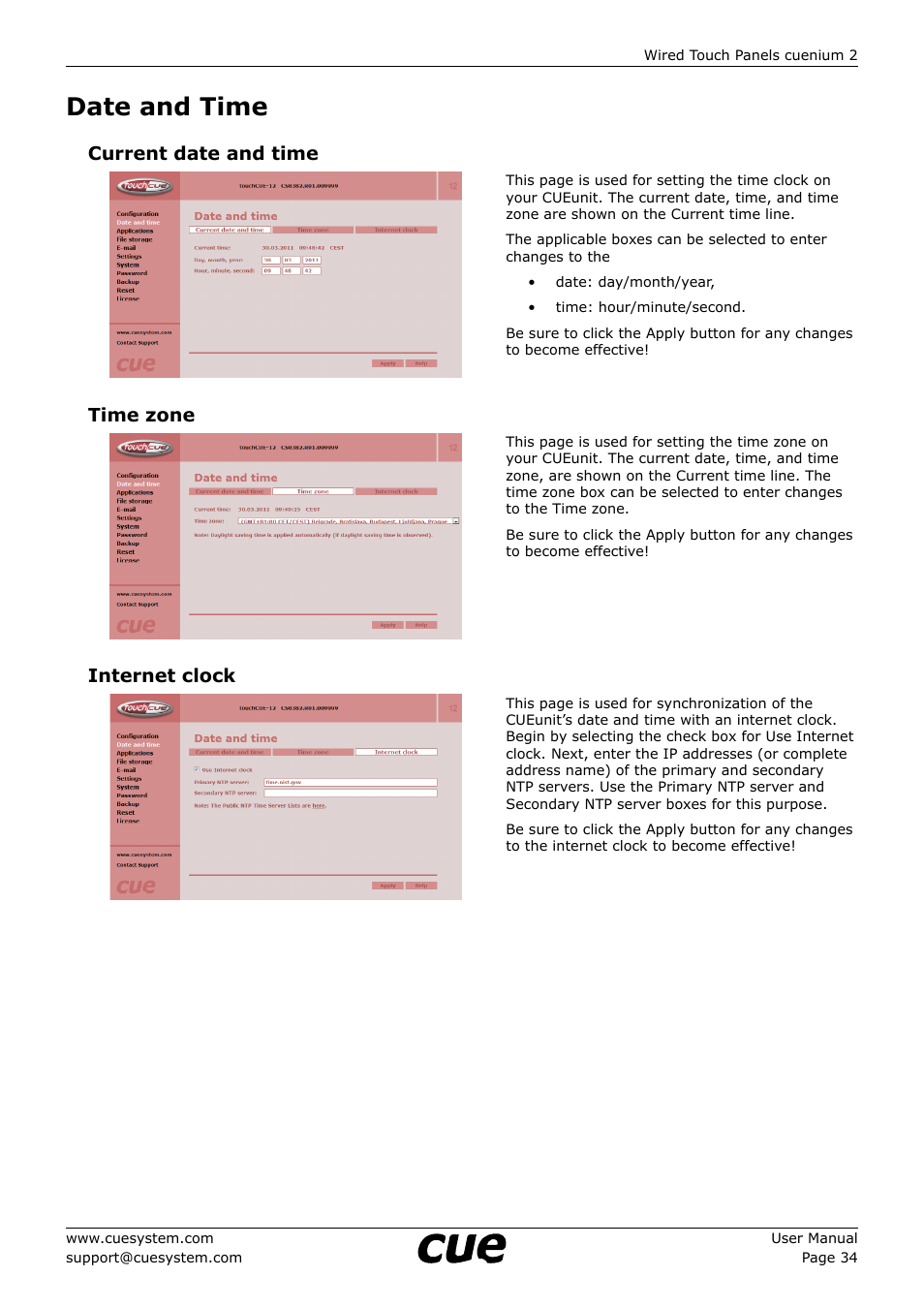 Date and time, 34 date and time, Current date and time | Time zone, Internet clock | CUE cuenium2 User Manual | Page 34 / 42