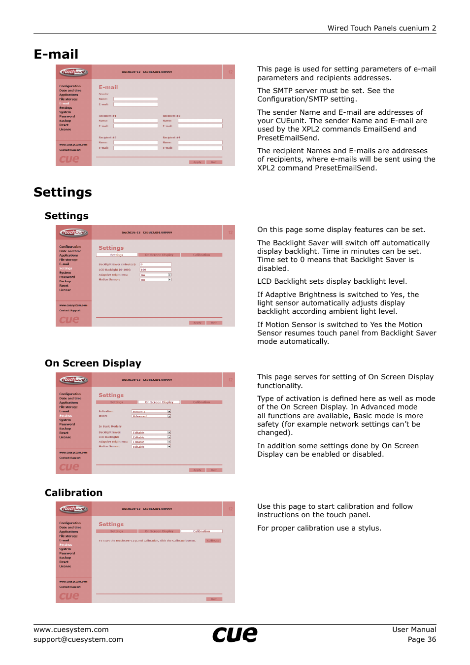 E-mail, Settings, 36 e-mail 36 settings | On screen display, Calibration | CUE cuenium2 User Manual | Page 36 / 42