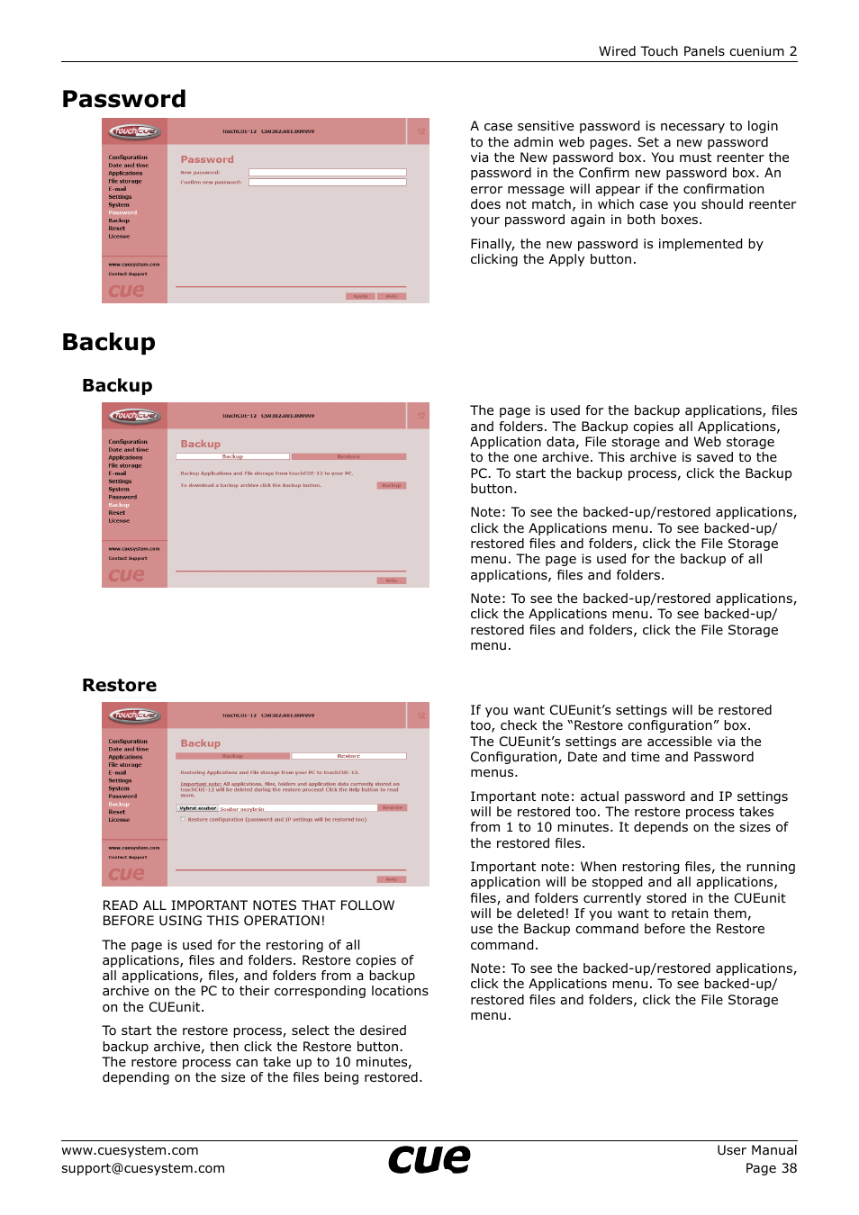 Password, Backup, 38 password 38 backup | Restore | CUE cuenium2 User Manual | Page 38 / 42