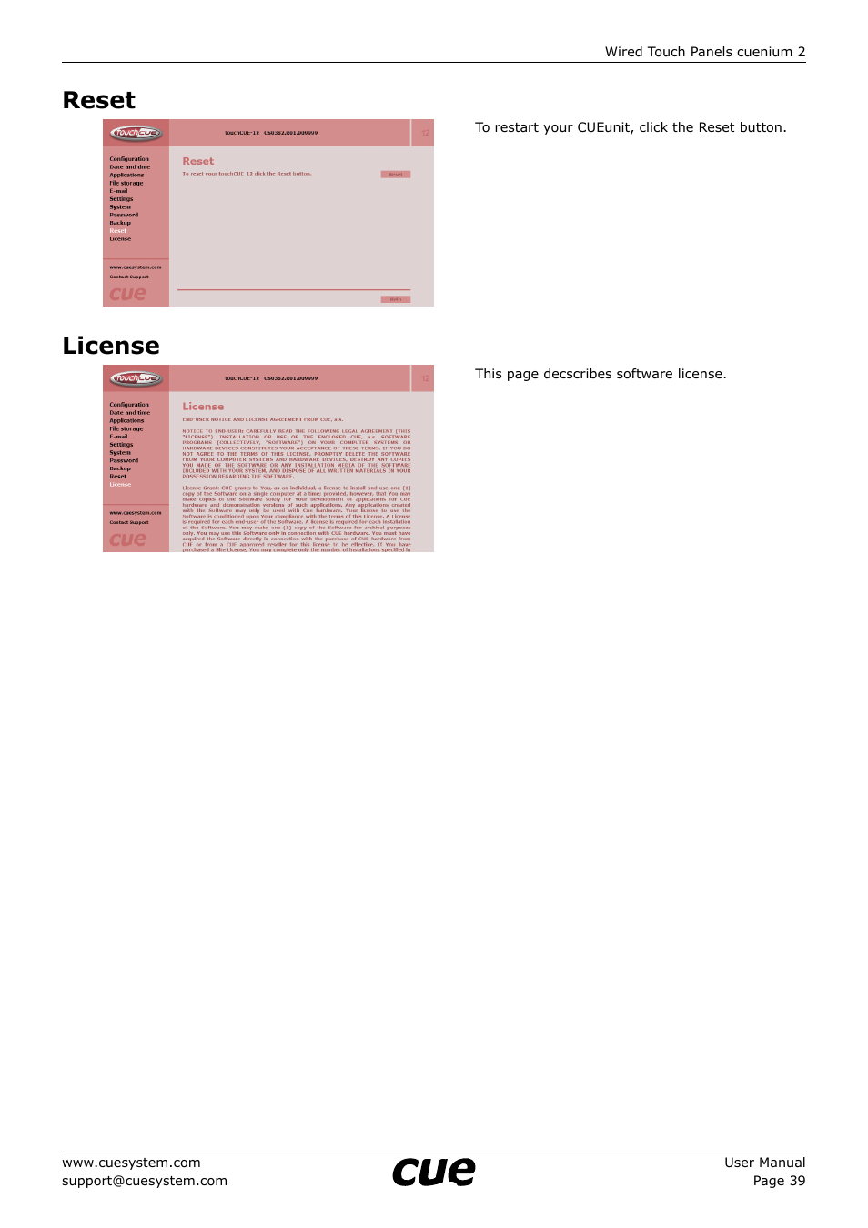 Reset, License, 39 reset 39 license | CUE cuenium2 User Manual | Page 39 / 42