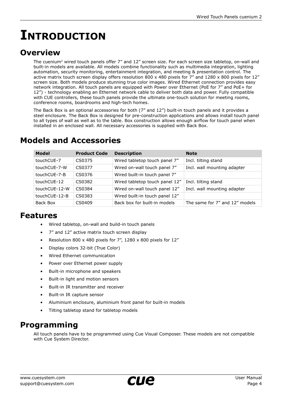Introduction, Overview, Models and accessories | Features, Programming, Ntroduction, 4 features 4 programming | CUE cuenium2 User Manual | Page 4 / 42