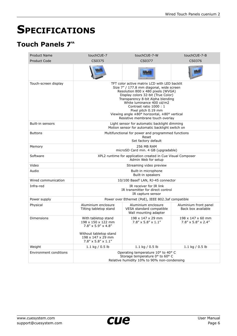 Specifications, Touch panels 7, Pecifications | CUE cuenium2 User Manual | Page 6 / 42