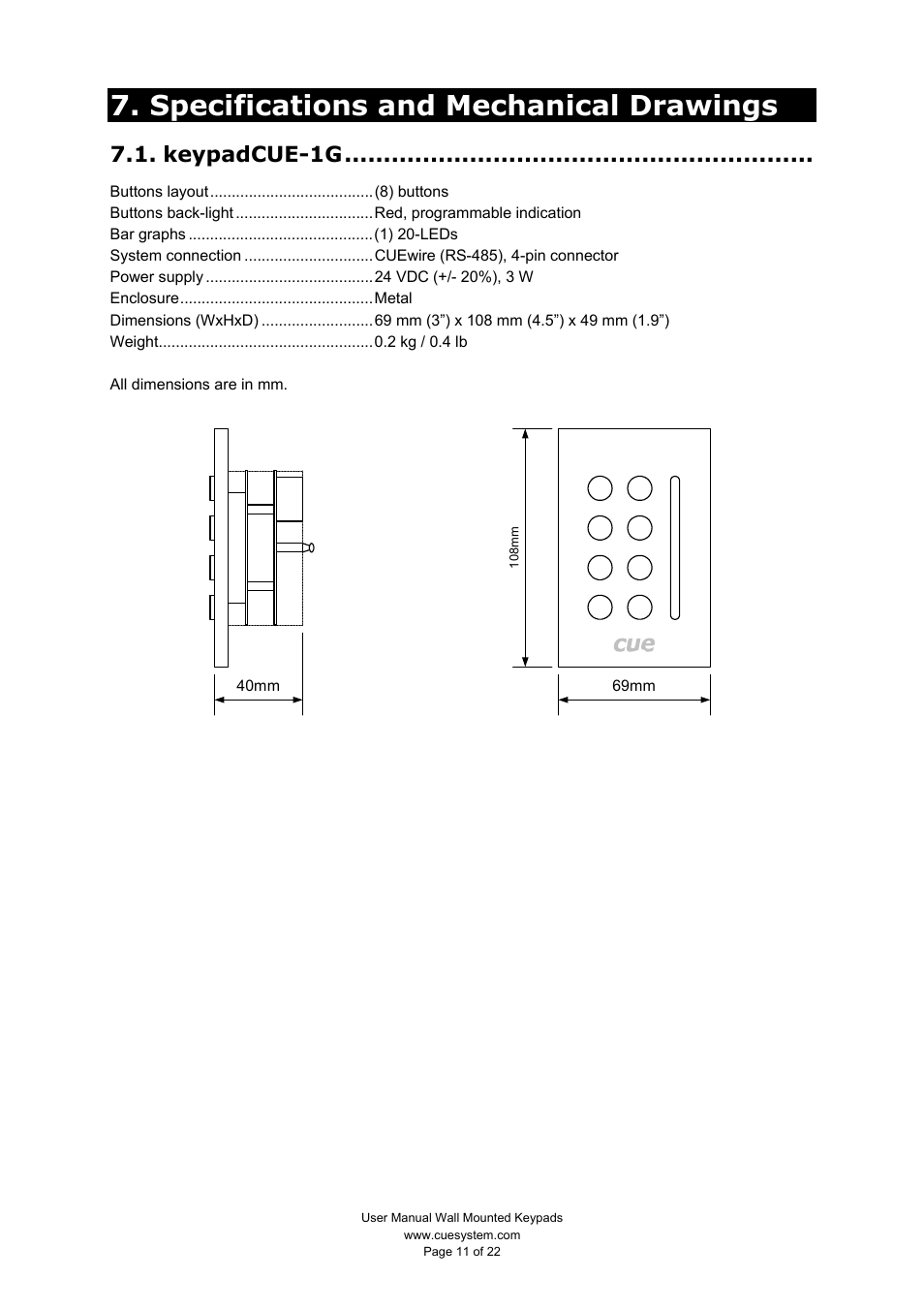 Specifications and mechanical drawings, Keypadcue-1g | CUE keypadCUE User Manual | Page 11 / 22