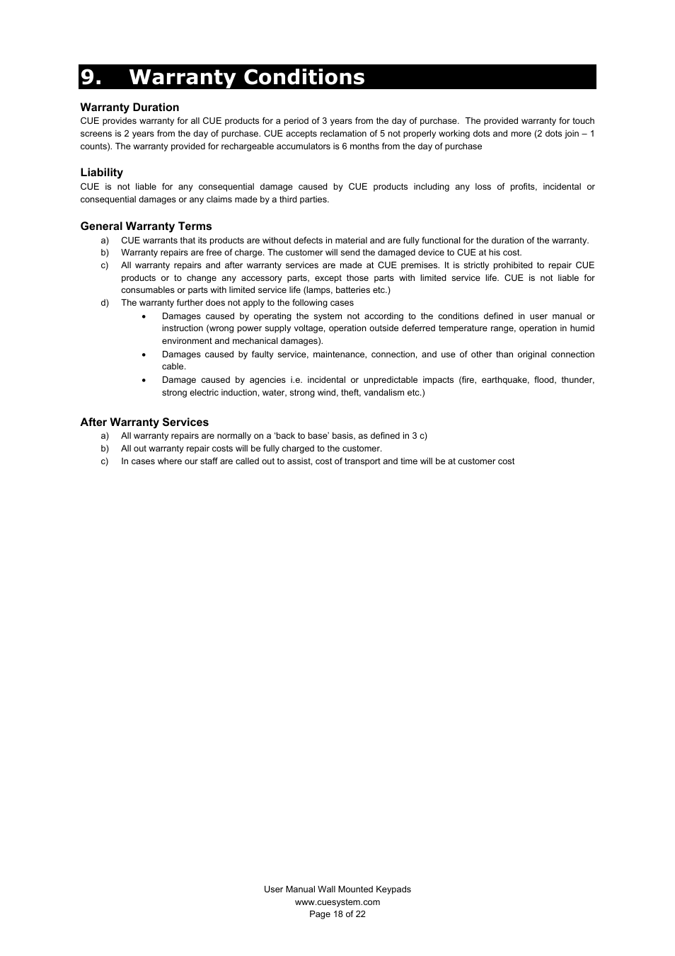 Warranty conditions | CUE keypadCUE User Manual | Page 18 / 22