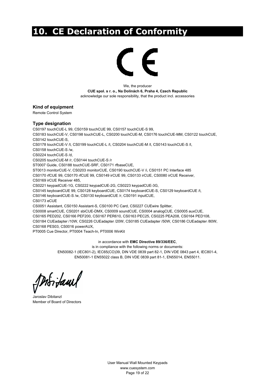 Ce declaration of conformity | CUE keypadCUE User Manual | Page 19 / 22