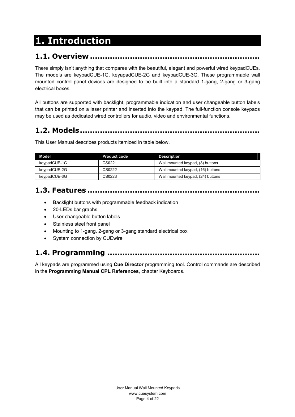 Introduction, Overview, Models | Features, Programming | CUE keypadCUE User Manual | Page 4 / 22