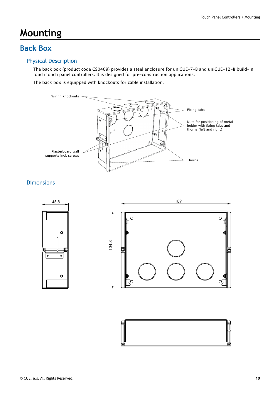 Mounting, Back box, 10 mounting | 10 back box, Physical description, Dimensions, Podomítková krabice | CUE uniCUE User Manual | Page 10 / 44