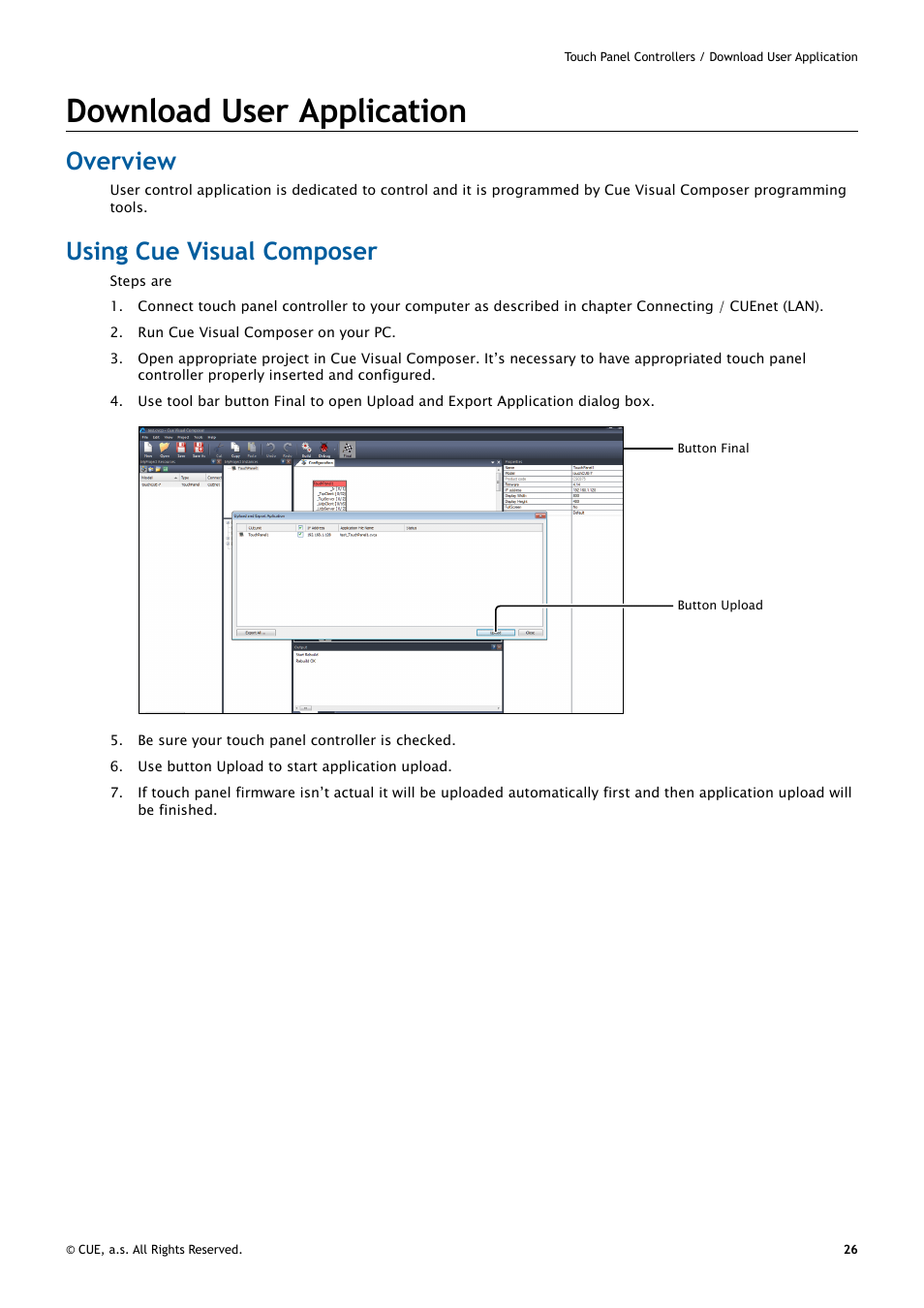 Download user application, Overview, Using cue visual composer | 26 download user application, 26 overview 26 using cue visual composer | CUE uniCUE User Manual | Page 26 / 44