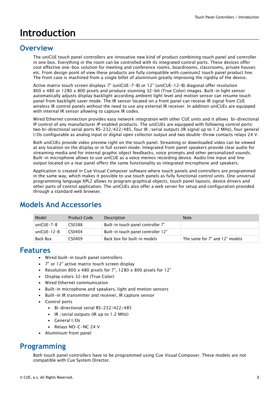 Introduction, Overview, Models and accessories | Features, Programming, 3 introduction, 3 overview 3, 3 features 3 programming | CUE uniCUE User Manual | Page 3 / 44