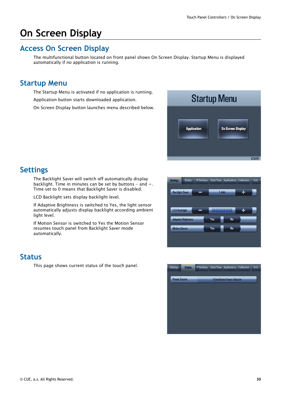 On screen display, Access on screen display, Startup menu | Settings, Status, 30 on screen display | CUE uniCUE User Manual | Page 30 / 44