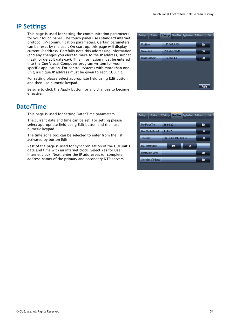 Ip settings, Date/time, 31 ip settings 31 date/time | CUE uniCUE User Manual | Page 31 / 44