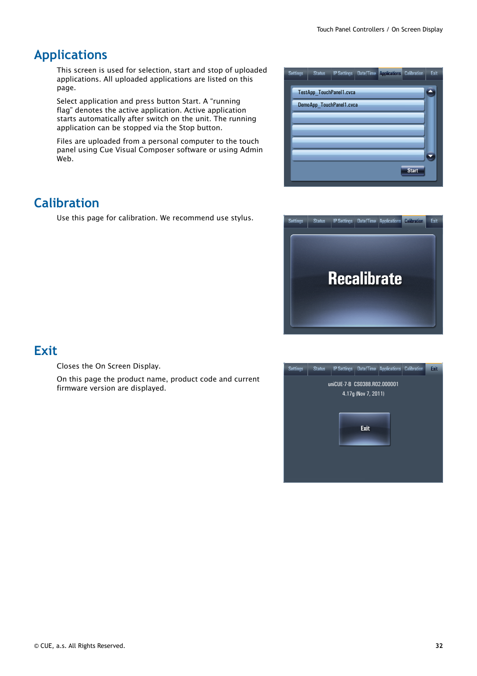 Applications, Calibration, Exit | 32 applications 32 calibration 32 exit | CUE uniCUE User Manual | Page 32 / 44