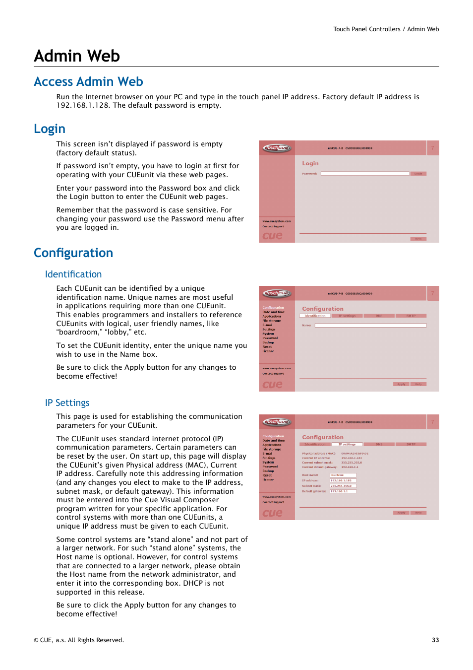 Admin web, Access admin web, Login | Configuration, 33 admin web, 33 access admin web 33 login 33 configuration, Identification, Ip settings | CUE uniCUE User Manual | Page 33 / 44