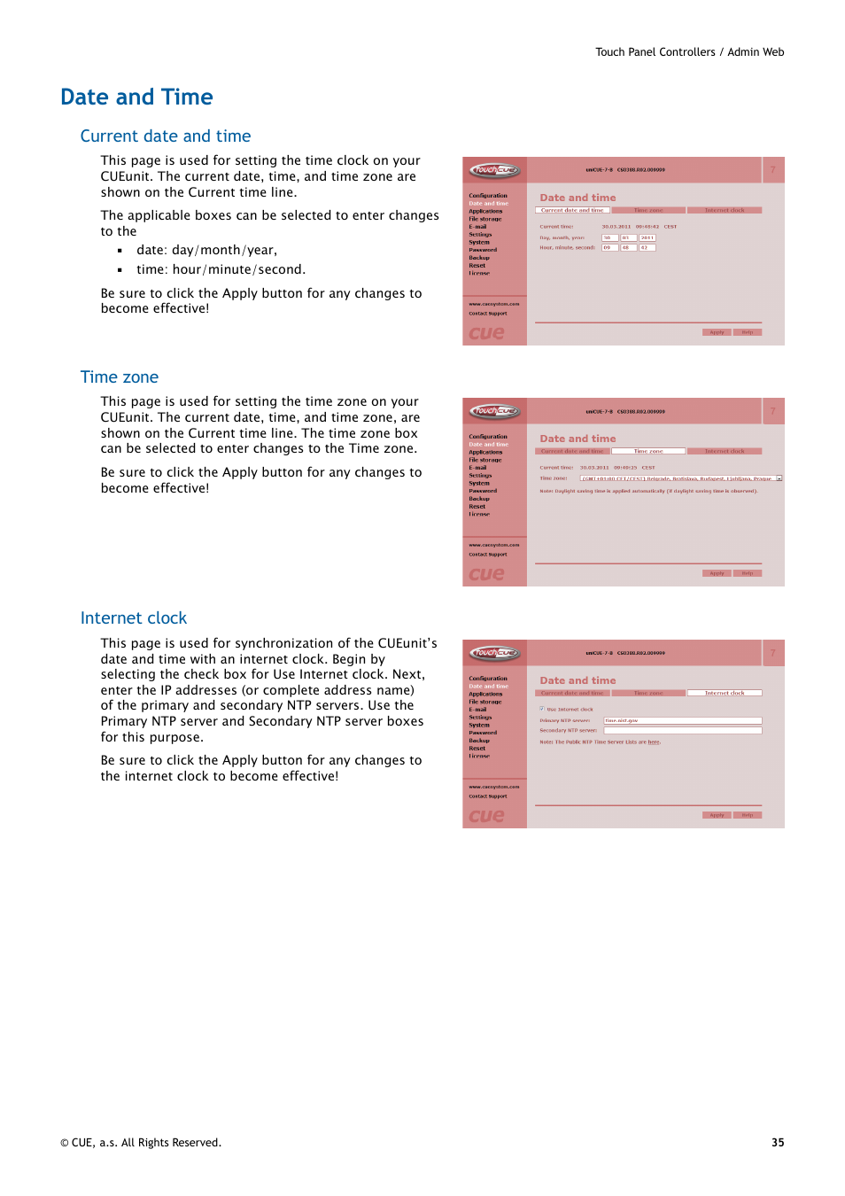 Date and time, 35 date and time, Current date and time | Time zone, Internet clock | CUE uniCUE User Manual | Page 35 / 44