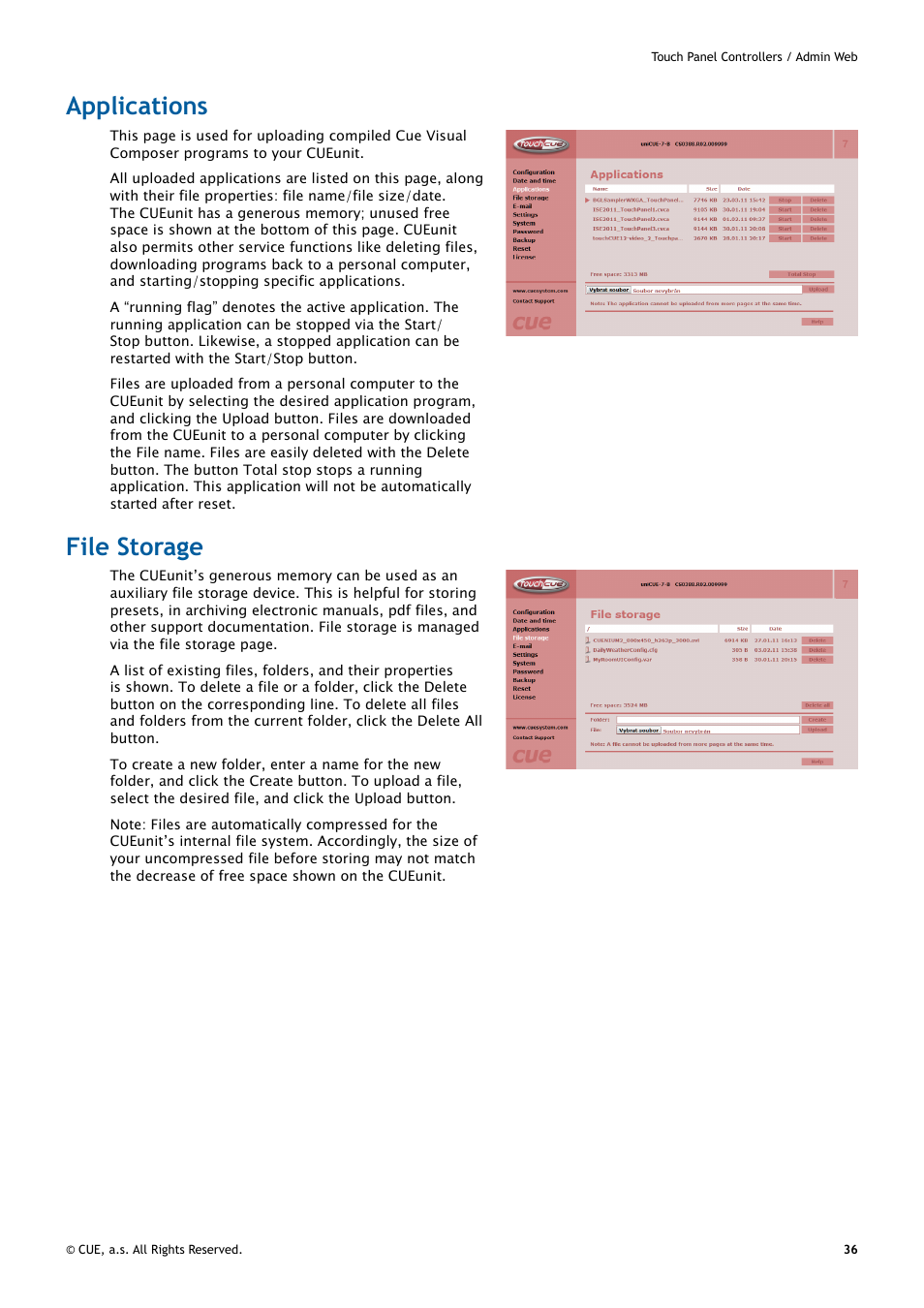 Applications, File storage, 36 applications 36 file storage | CUE uniCUE User Manual | Page 36 / 44