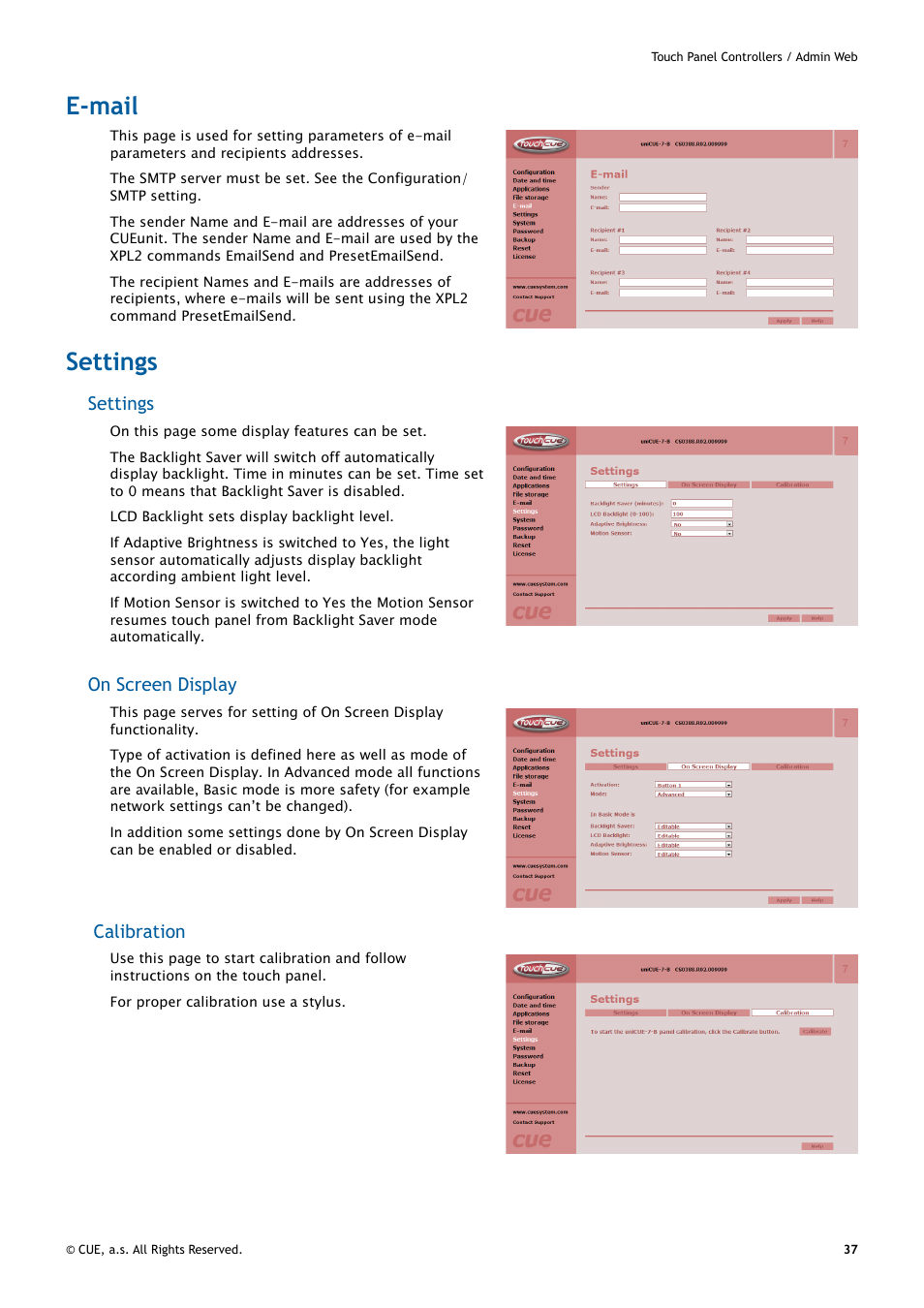 E-mail, Settings, 37 e-mail 37 settings | On screen display, Calibration | CUE uniCUE User Manual | Page 37 / 44