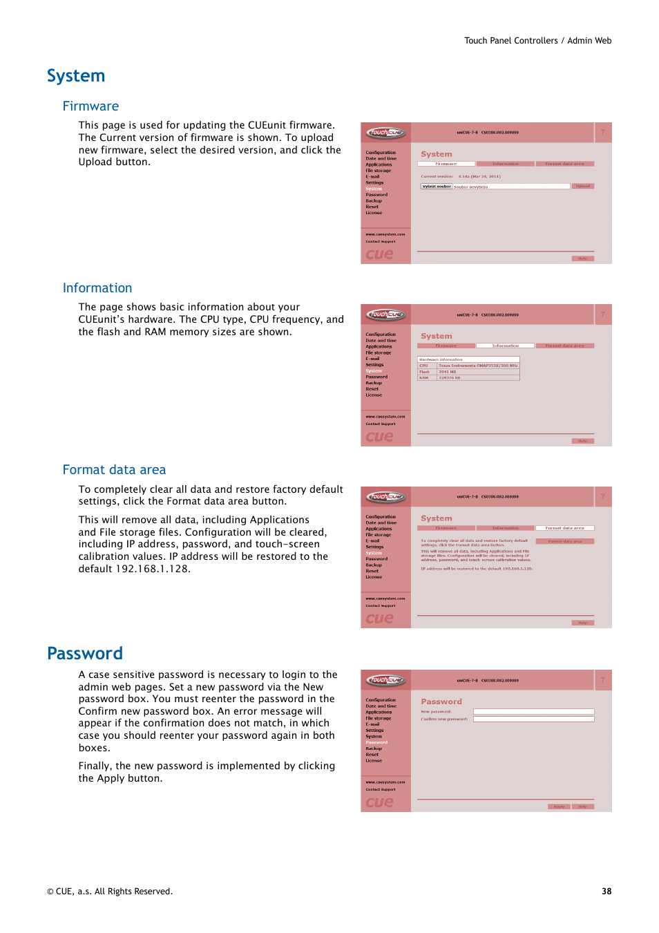 System, Password, 38 system 38 password | Firmware, Information, Format data area | CUE uniCUE User Manual | Page 38 / 44