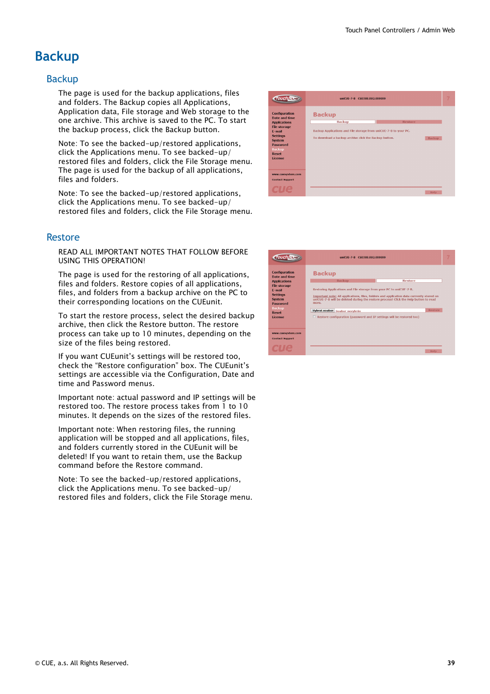 Backup, 39 backup, Restore | CUE uniCUE User Manual | Page 39 / 44