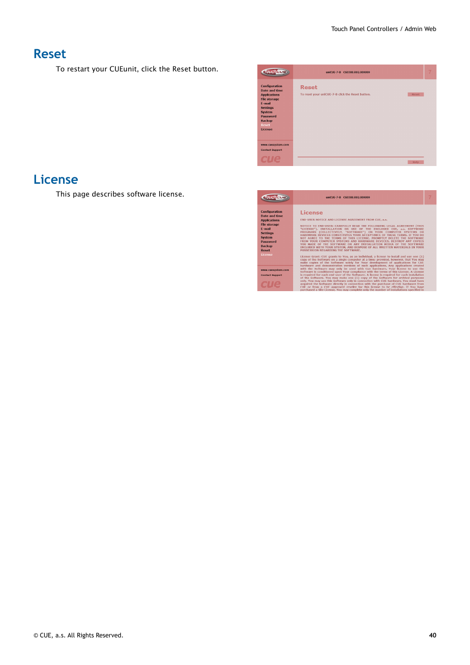 Reset, License, 40 reset 40 license | CUE uniCUE User Manual | Page 40 / 44