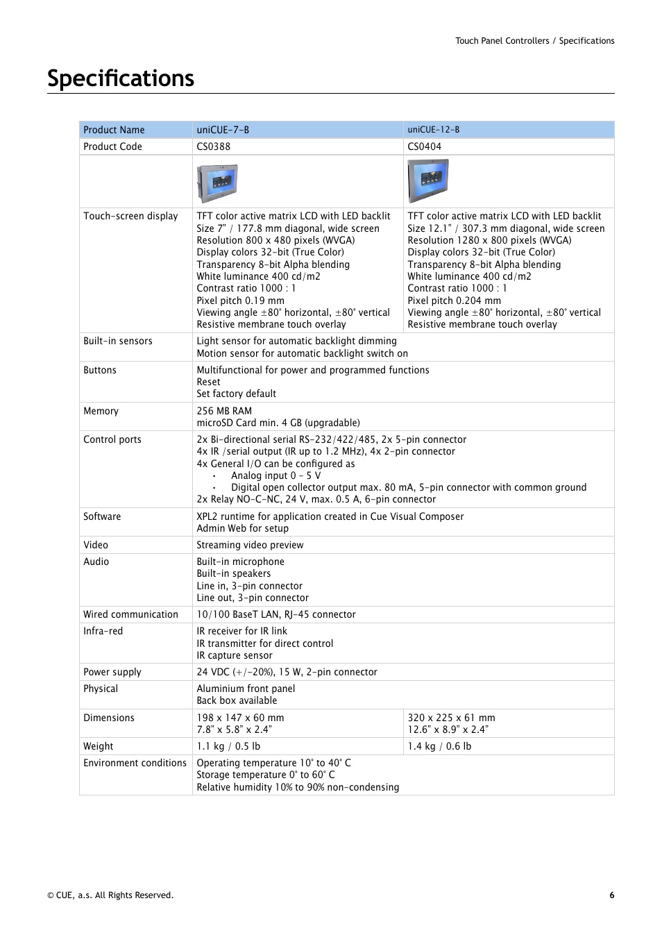 Specifications, 6 specifications | CUE uniCUE User Manual | Page 6 / 44